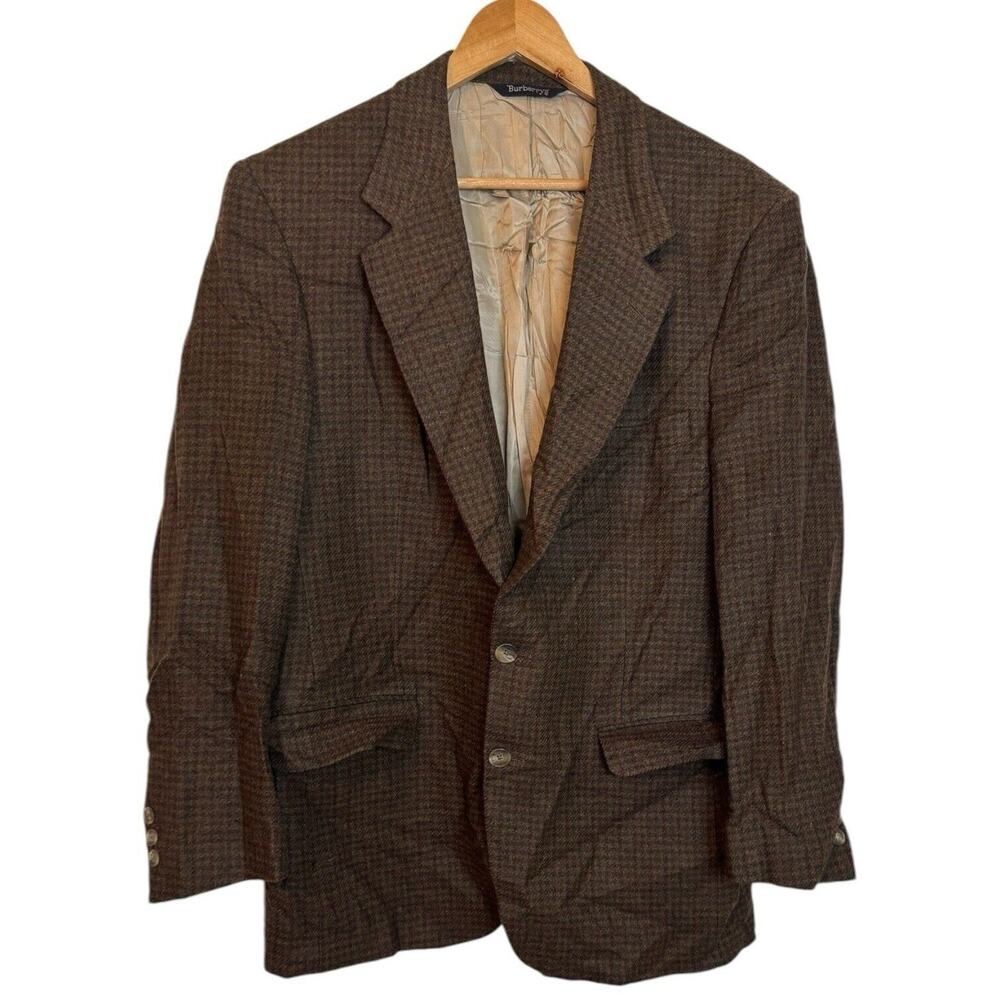 Vintage Burberry Micro Houndstooth Tweed Wool Blazer Jacket Coat Lined Size 42